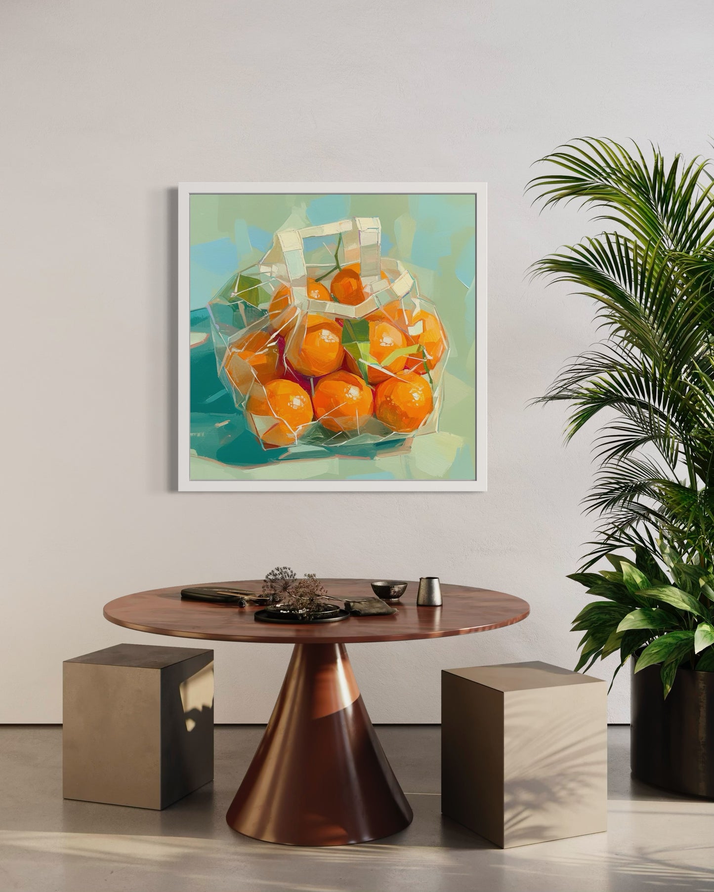 Vivid Tangerines in Transparent Bag Oil Painting | Modern Still Life Wall Art | Bold Kitchen Decor | Kitchen or Dining Room Decor