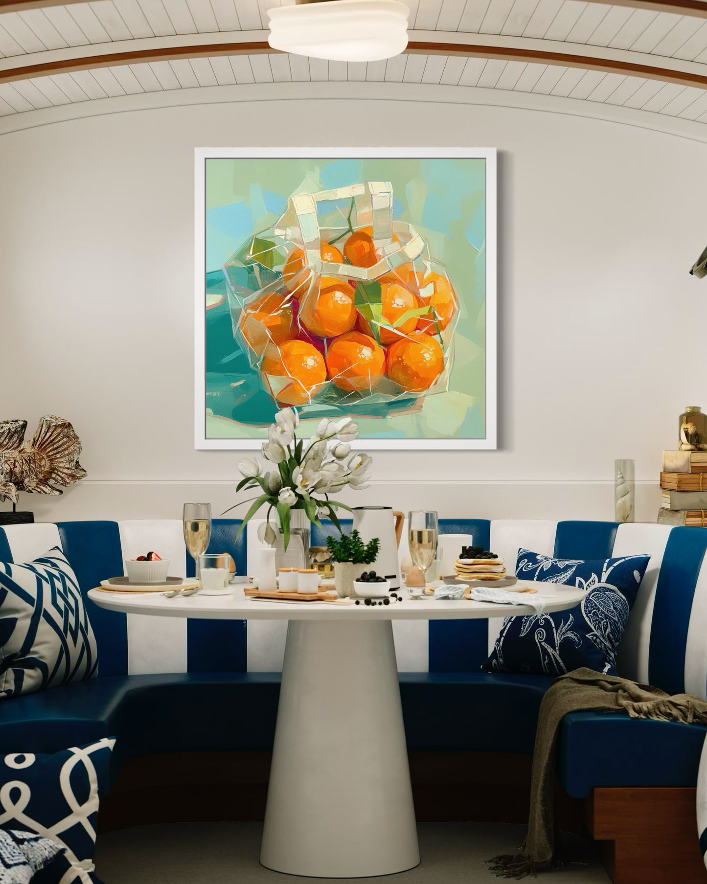 Vivid Tangerines in Transparent Bag Oil Painting | Modern Still Life Wall Art | Bold Kitchen Decor | Kitchen or Dining Room Decor