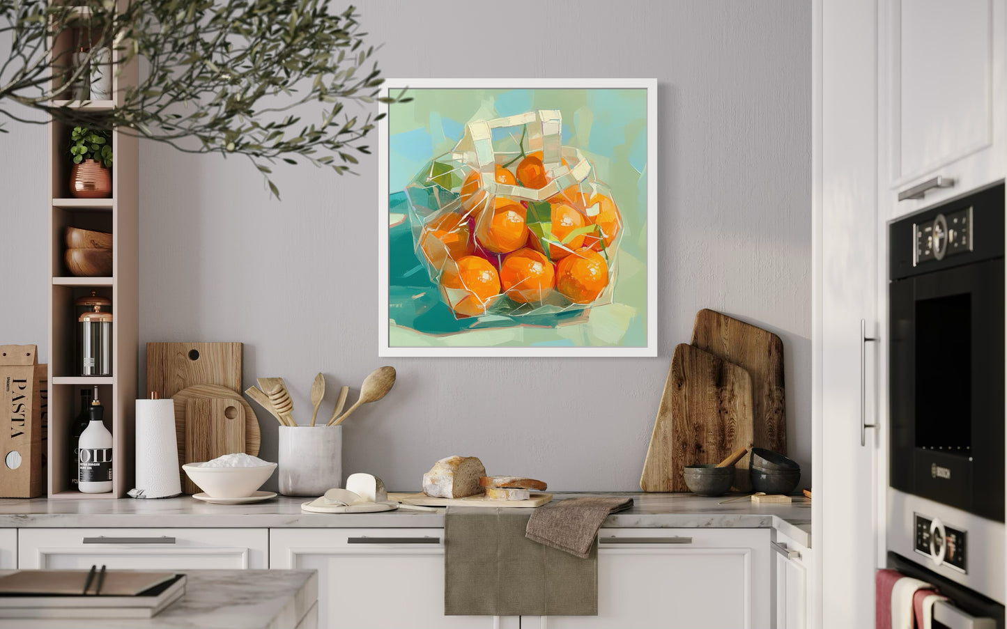 Vivid Tangerines in Transparent Bag Oil Painting | Modern Still Life Wall Art | Bold Kitchen Decor | Kitchen or Dining Room Decor