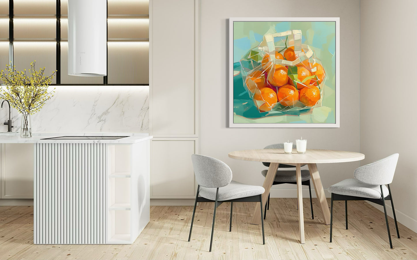 Vivid Tangerines in Transparent Bag Oil Painting | Modern Still Life Wall Art | Bold Kitchen Decor | Kitchen or Dining Room Decor