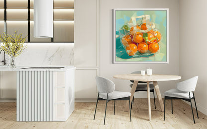 Vivid Tangerines in Transparent Bag Oil Painting | Modern Still Life Wall Art | Bold Kitchen Decor | Kitchen or Dining Room Decor