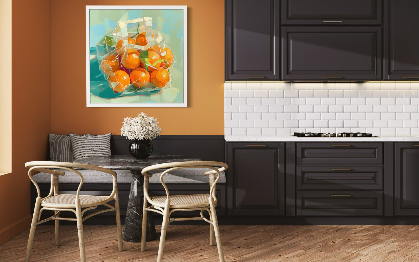Vivid Tangerines in Transparent Bag Oil Painting | Modern Still Life Wall Art | Bold Kitchen Decor | Kitchen or Dining Room Decor