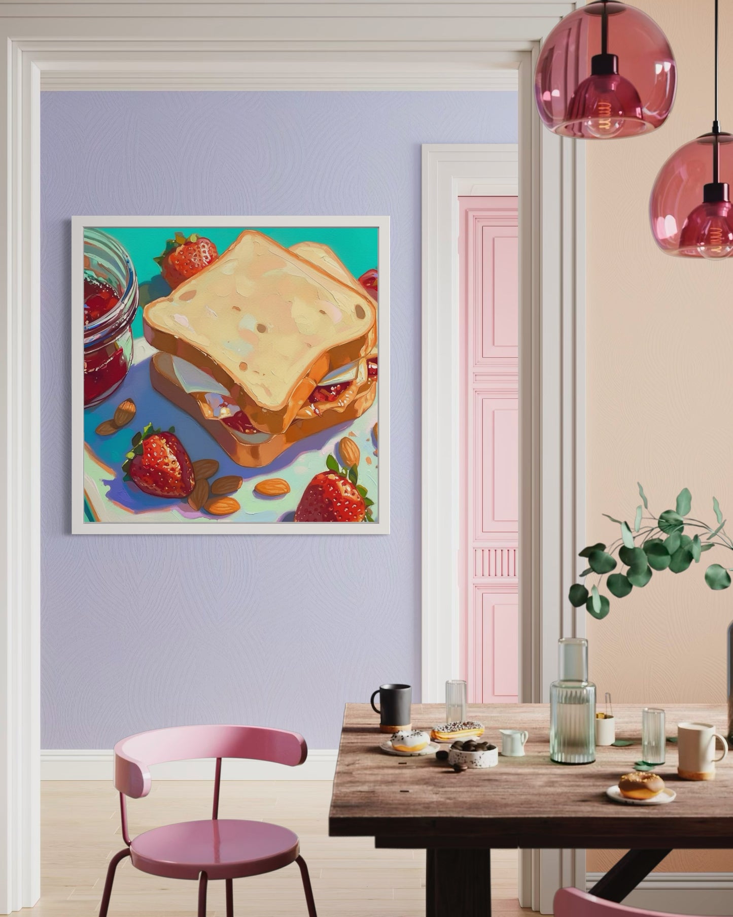 Peanut Butter and Jam Sandwich Art | Colorful Food Painting | Kitchen Wall Decor with Strawberries and Almonds