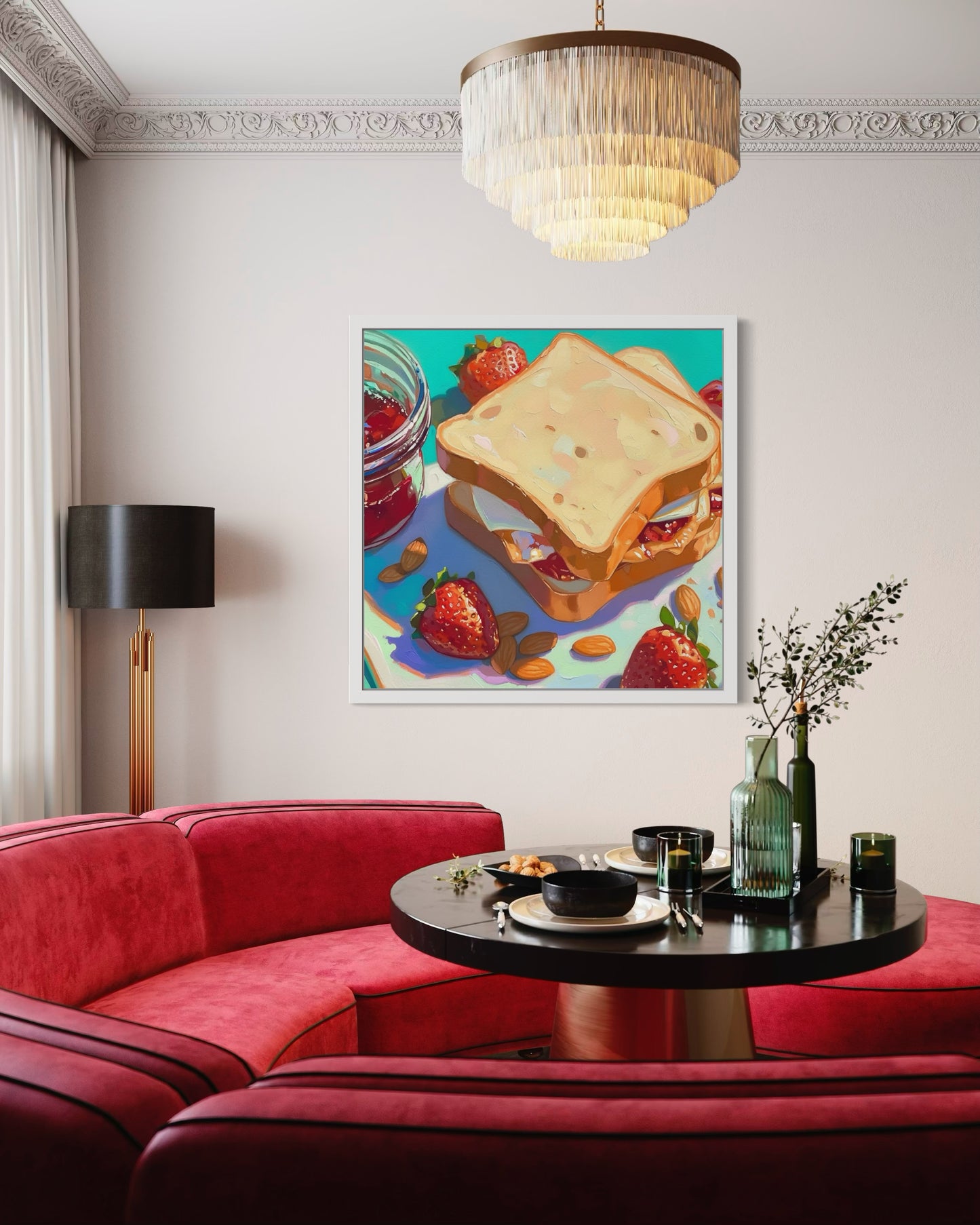 Peanut Butter and Jam Sandwich Art | Colorful Food Painting | Kitchen Wall Decor with Strawberries and Almonds