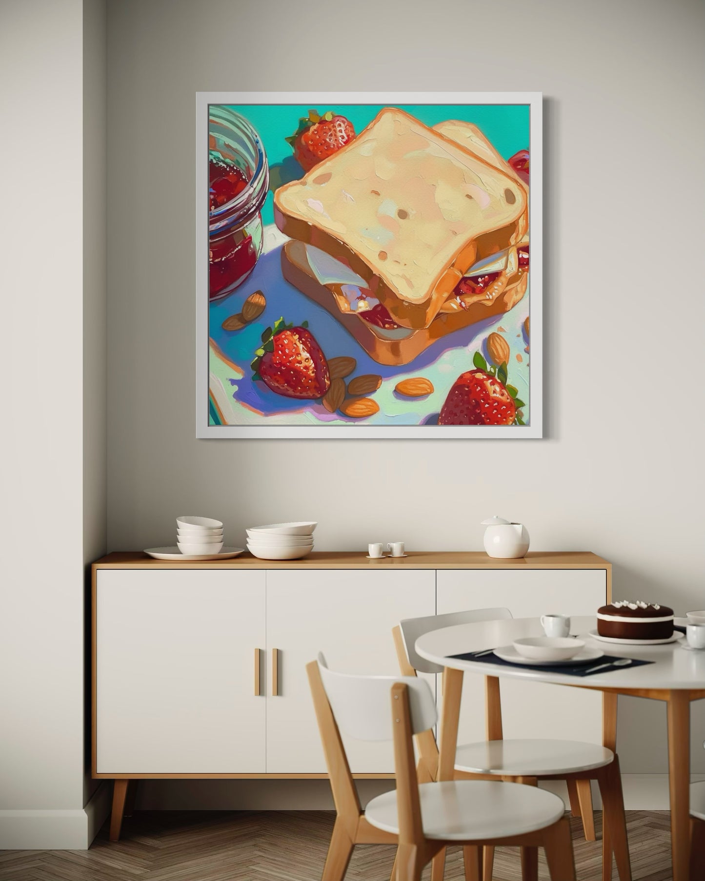 Peanut Butter and Jam Sandwich Art | Colorful Food Painting | Kitchen Wall Decor with Strawberries and Almonds