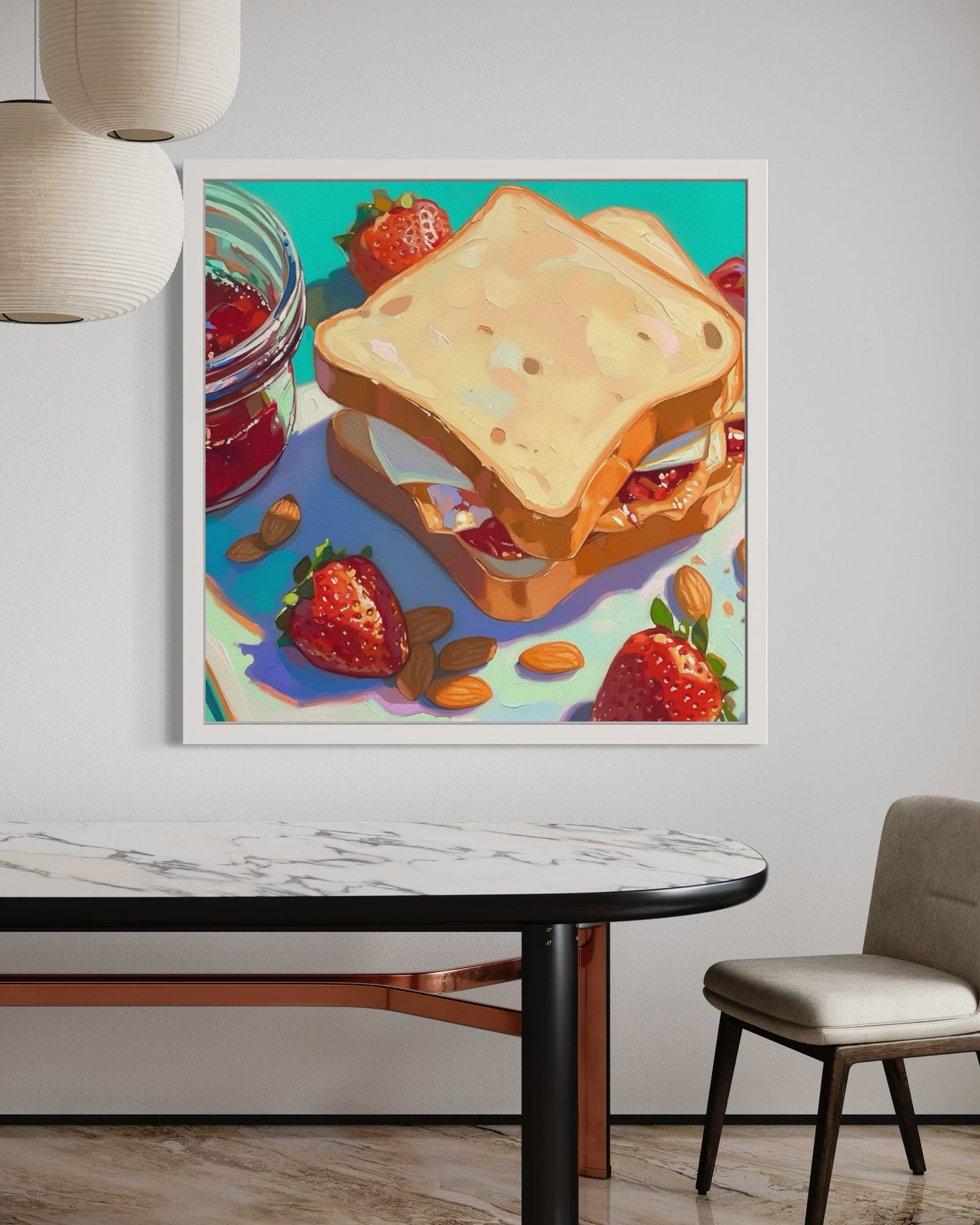 Peanut Butter and Jam Sandwich Art | Colorful Food Painting | Kitchen Wall Decor with Strawberries and Almonds