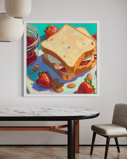 Peanut Butter and Jam Sandwich Art | Colorful Food Painting | Kitchen Wall Decor with Strawberries and Almonds
