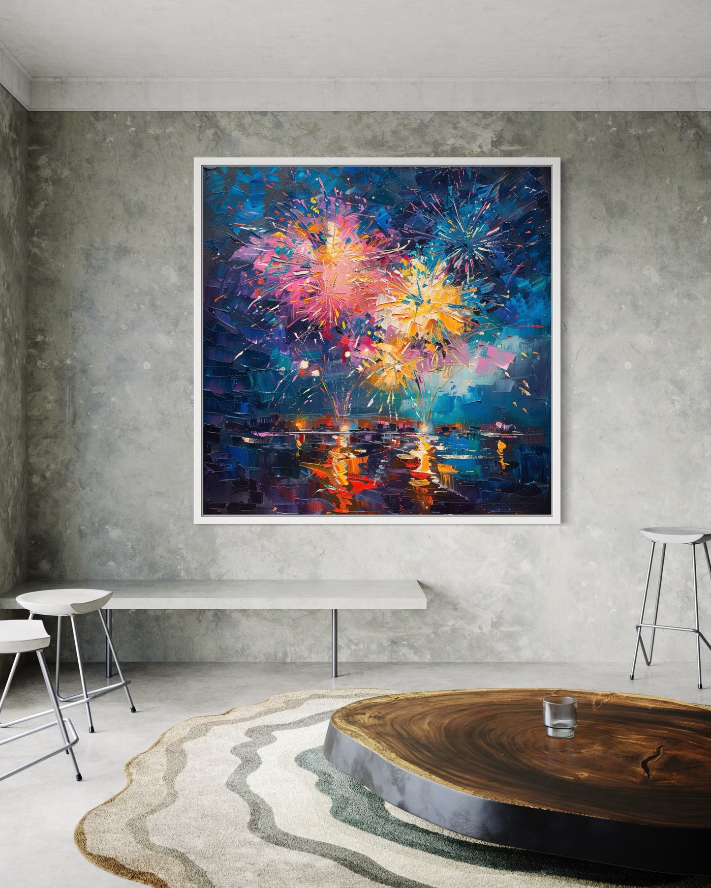 Fireworks Over Ocean Sunset - Hand-Painted Canvas Art