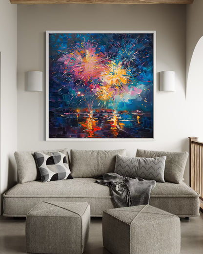 Fireworks Over Ocean Sunset - Hand-Painted Canvas Art