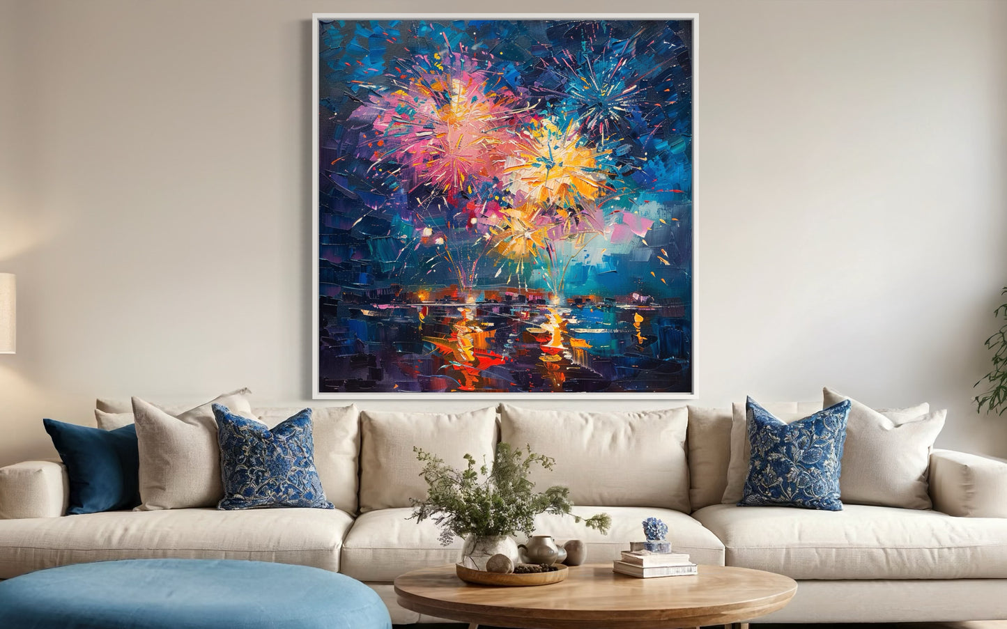 Fireworks Over Ocean Sunset - Hand-Painted Canvas Art