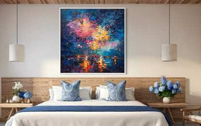 Fireworks Over Ocean Sunset - Hand-Painted Canvas Art