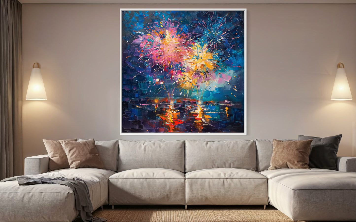 Fireworks Over Ocean Sunset - Hand-Painted Canvas Art