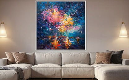 Fireworks Over Ocean Sunset - Hand-Painted Canvas Art