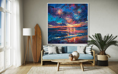 Sailboats and Fireworks Evening Glow - Original Oil Painting