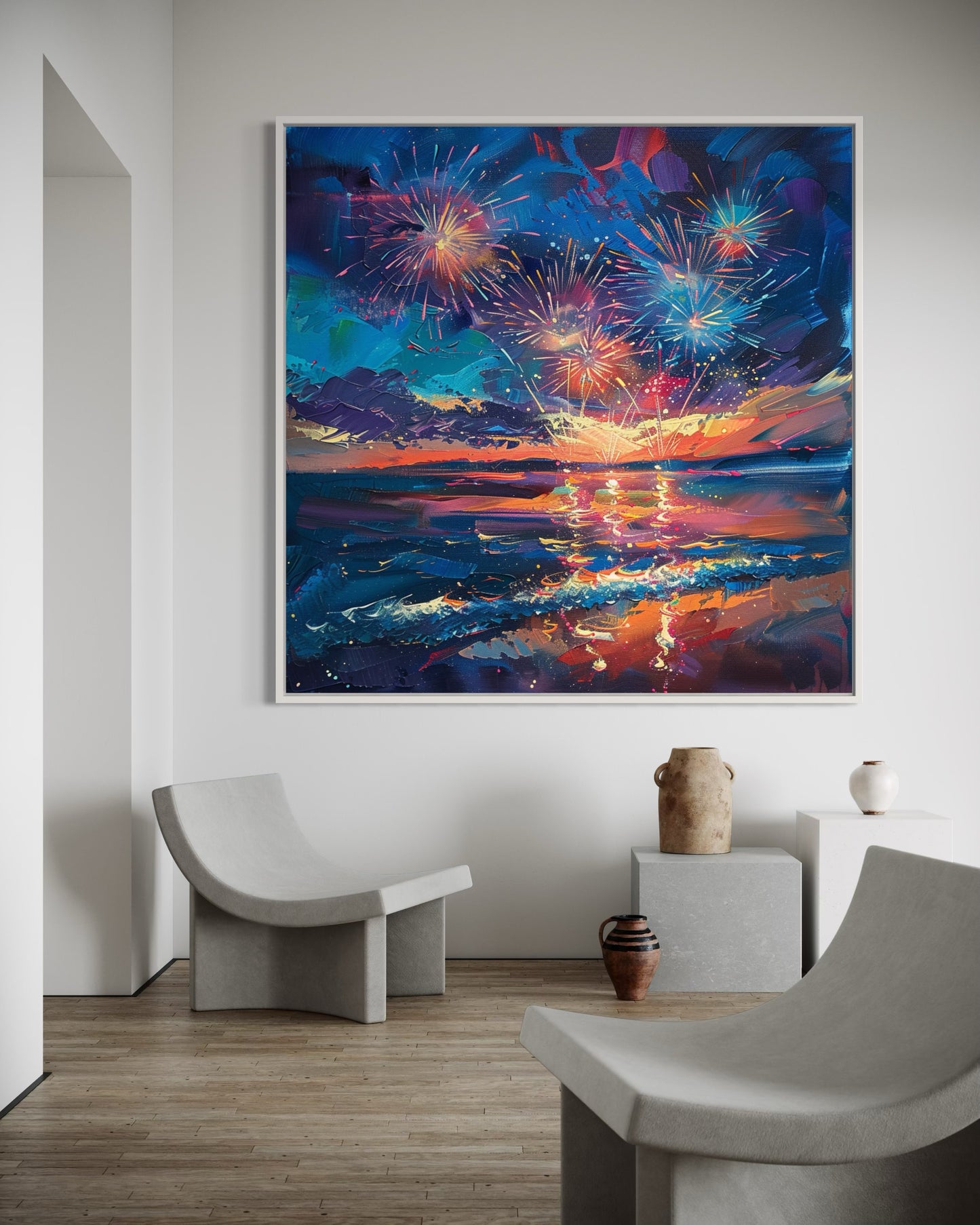 Sailboats and Fireworks Evening Glow - Original Oil Painting