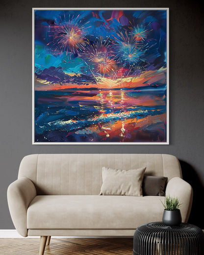 Sailboats and Fireworks Evening Glow - Original Oil Painting