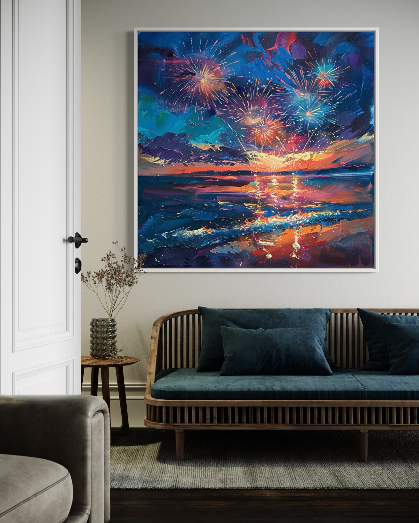 Sailboats and Fireworks Evening Glow - Original Oil Painting