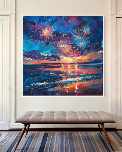 Sailboats and Fireworks Evening Glow - Original Oil Painting