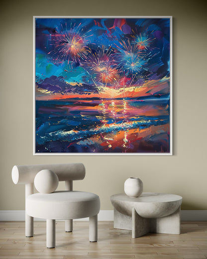 Sailboats and Fireworks Evening Glow - Original Oil Painting