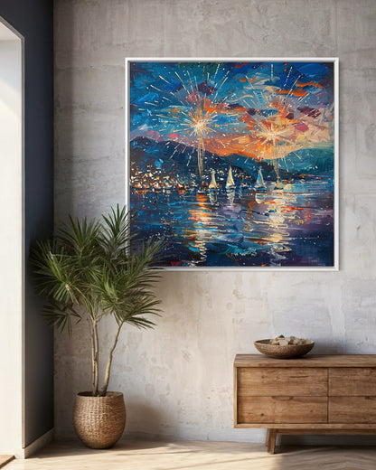 Starry Fireworks and Sailing Ships - Canvas Artwork