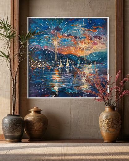 Starry Fireworks and Sailing Ships - Canvas Artwork