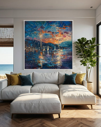 Starry Fireworks and Sailing Ships - Canvas Artwork