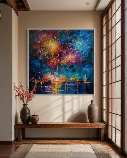 Vibrant Fireworks over the Harbor - Handmade Oil Canvas