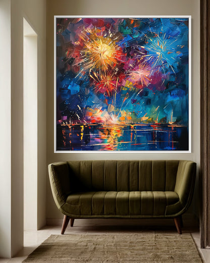 Vibrant Fireworks over the Harbor - Handmade Oil Canvas