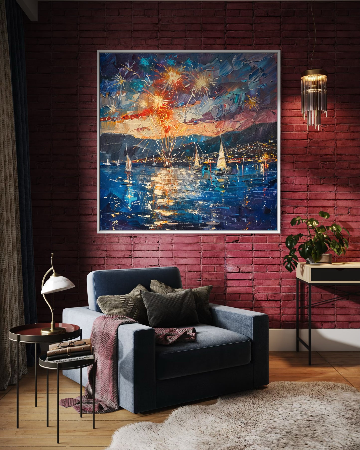 Boats and Fireworks Celebration - Original Canvas Oil Painting