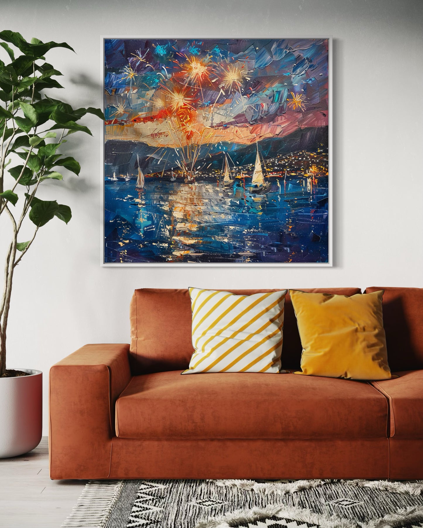 Boats and Fireworks Celebration - Original Canvas Oil Painting