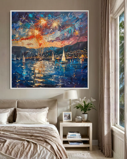 Boats and Fireworks Celebration - Original Canvas Oil Painting