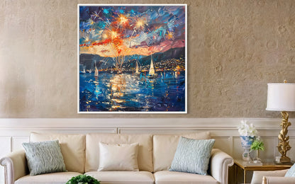 Boats and Fireworks Celebration - Original Canvas Oil Painting