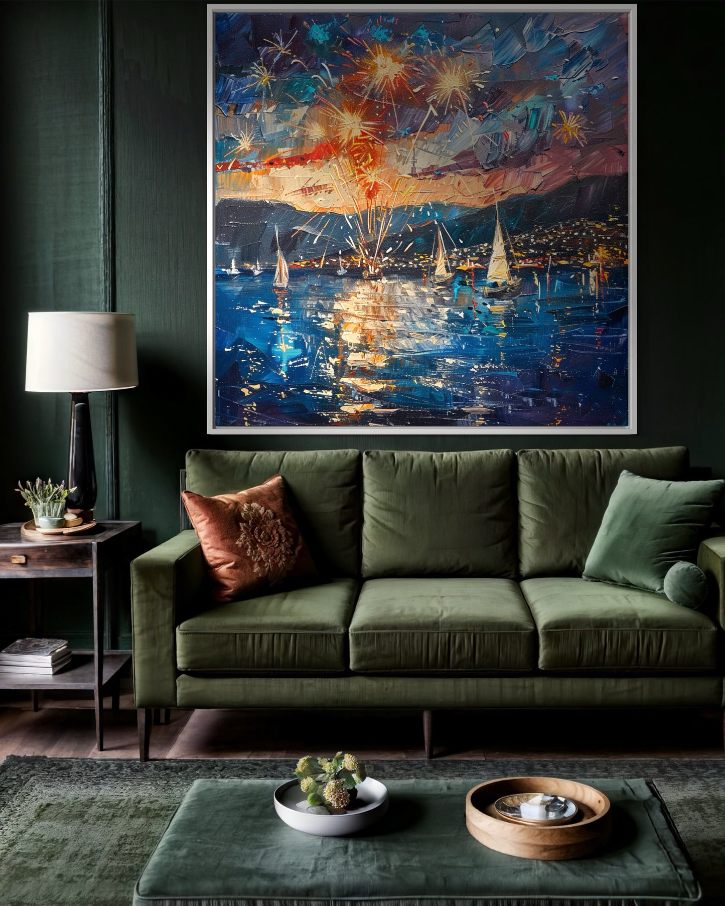 Boats and Fireworks Celebration - Original Canvas Oil Painting