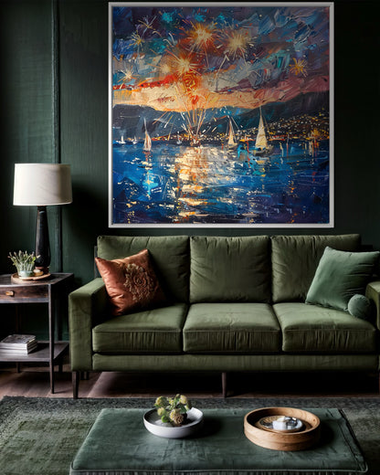 Boats and Fireworks Celebration - Original Canvas Oil Painting