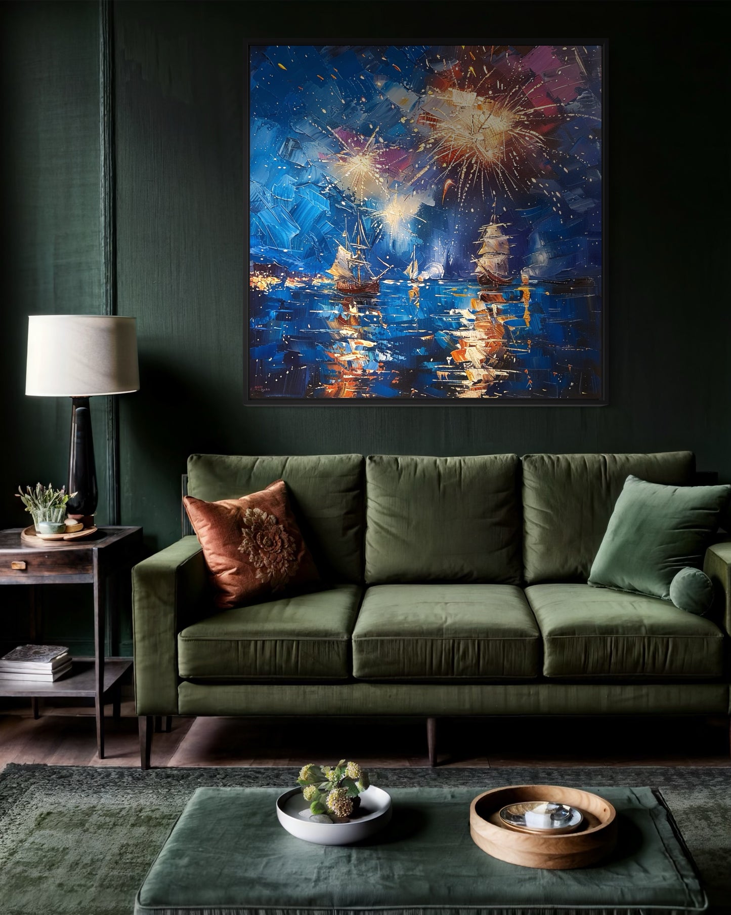 Golden Fireworks over Twilight Waters - Oil Painting