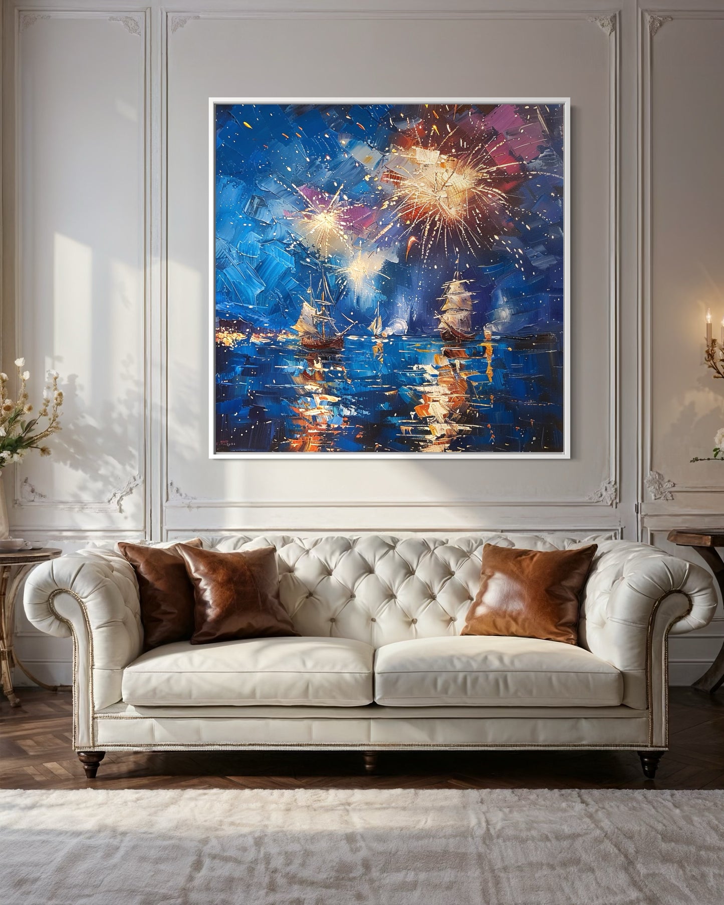 Golden Fireworks over Twilight Waters - Oil Painting