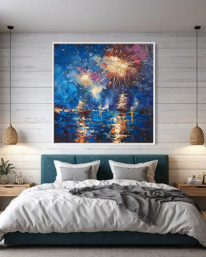 Golden Fireworks over Twilight Waters - Oil Painting