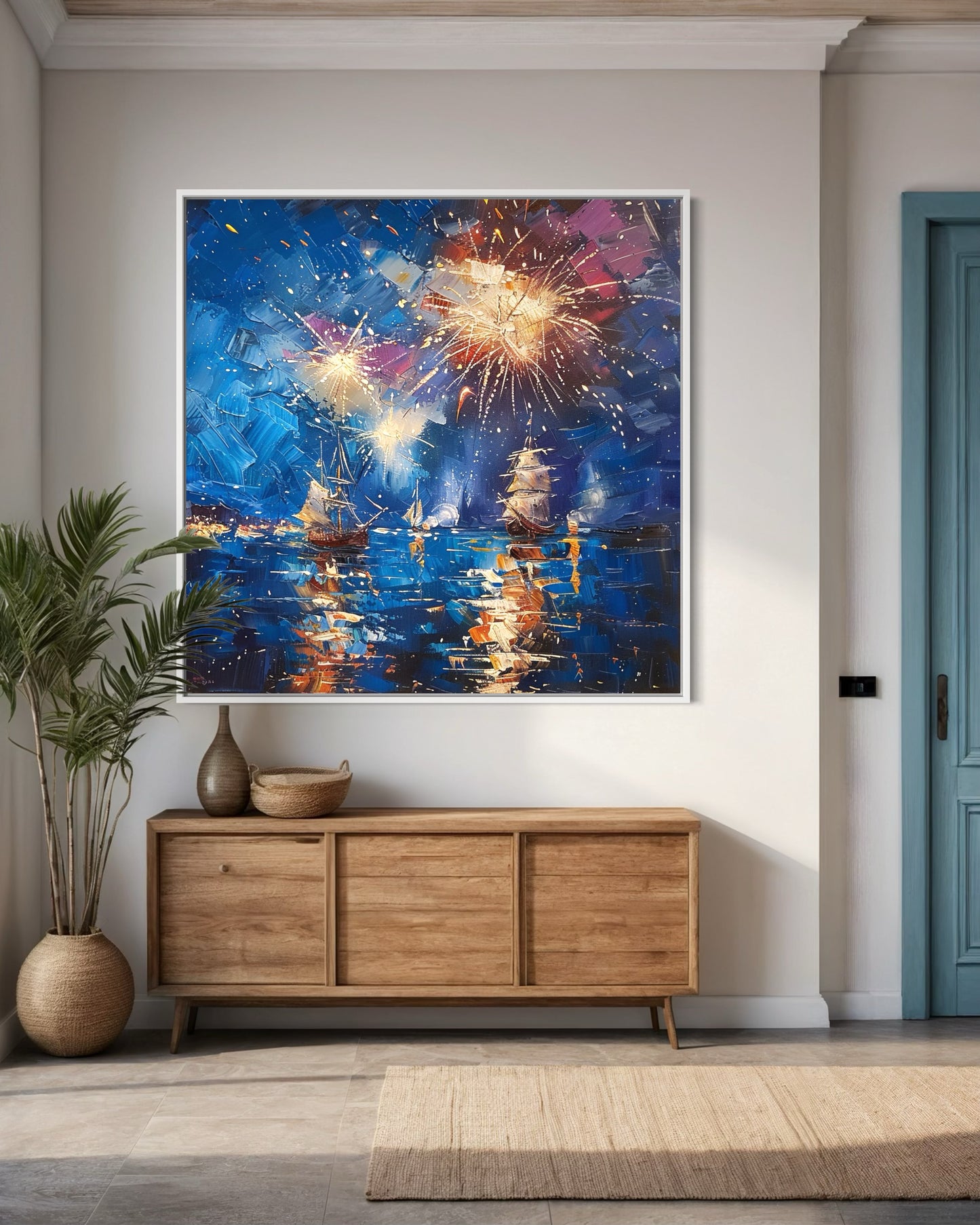 Golden Fireworks over Twilight Waters - Oil Painting