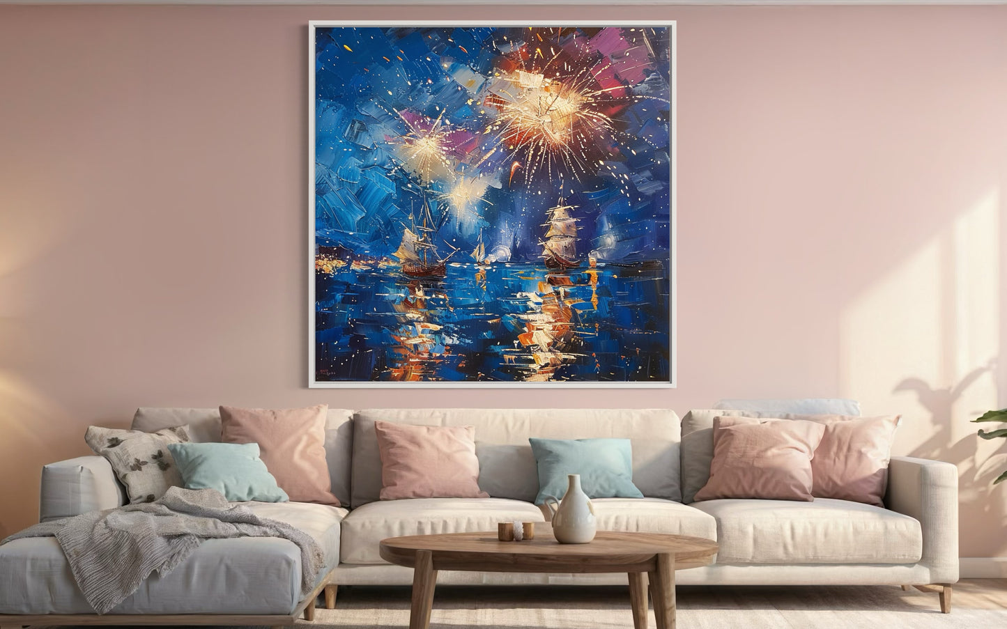 Golden Fireworks over Twilight Waters - Oil Painting