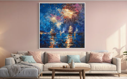 Golden Fireworks over Twilight Waters - Oil Painting