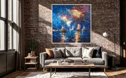 Golden Fireworks over Twilight Waters - Oil Painting