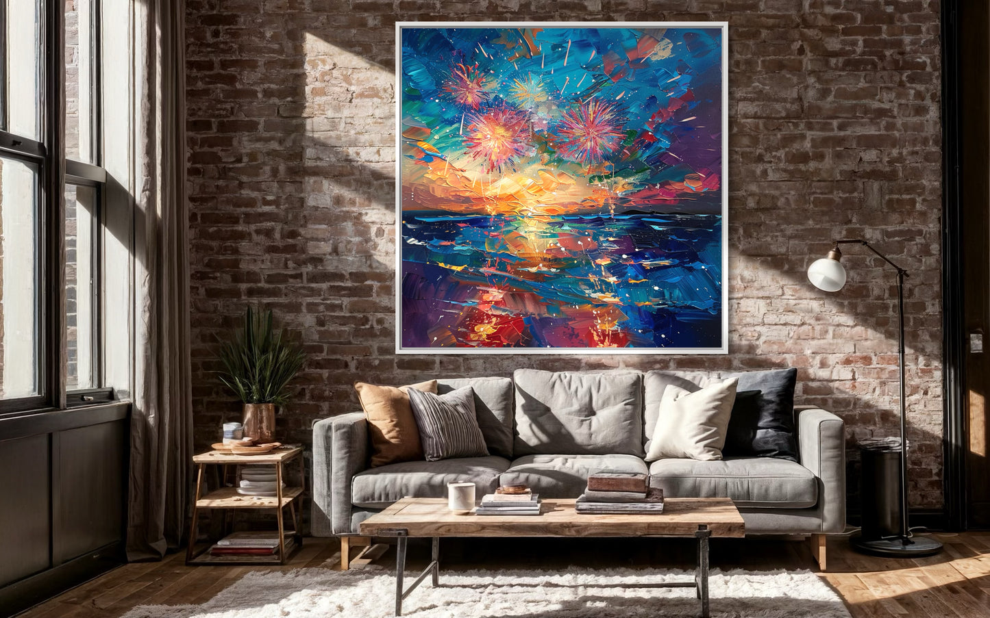 Ocean Waves and Fireworks Display - Hand-Painted Canvas