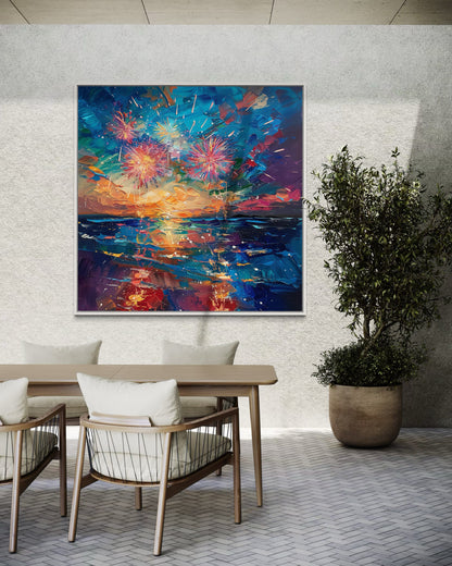 Ocean Waves and Fireworks Display - Hand-Painted Canvas