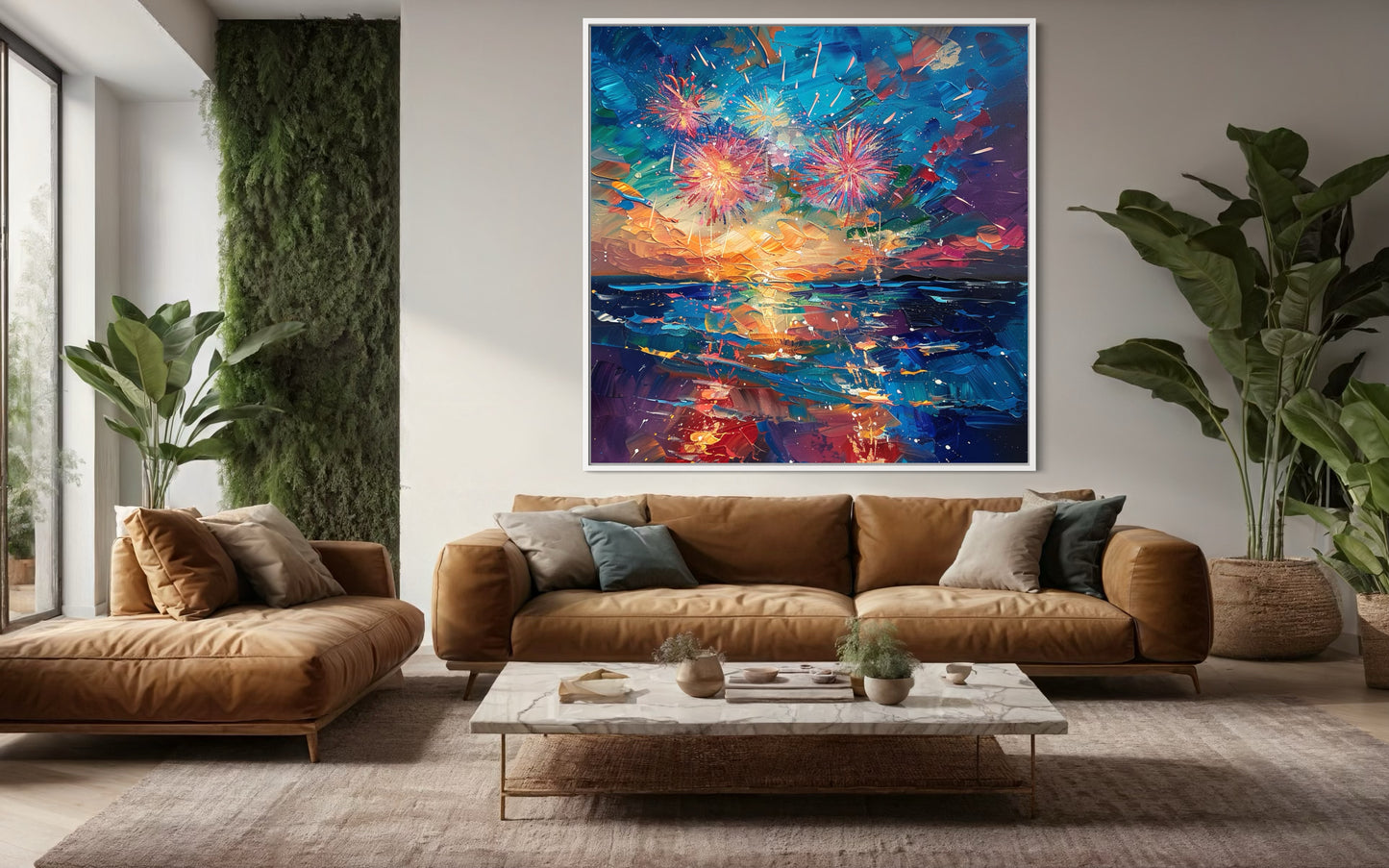 Ocean Waves and Fireworks Display - Hand-Painted Canvas