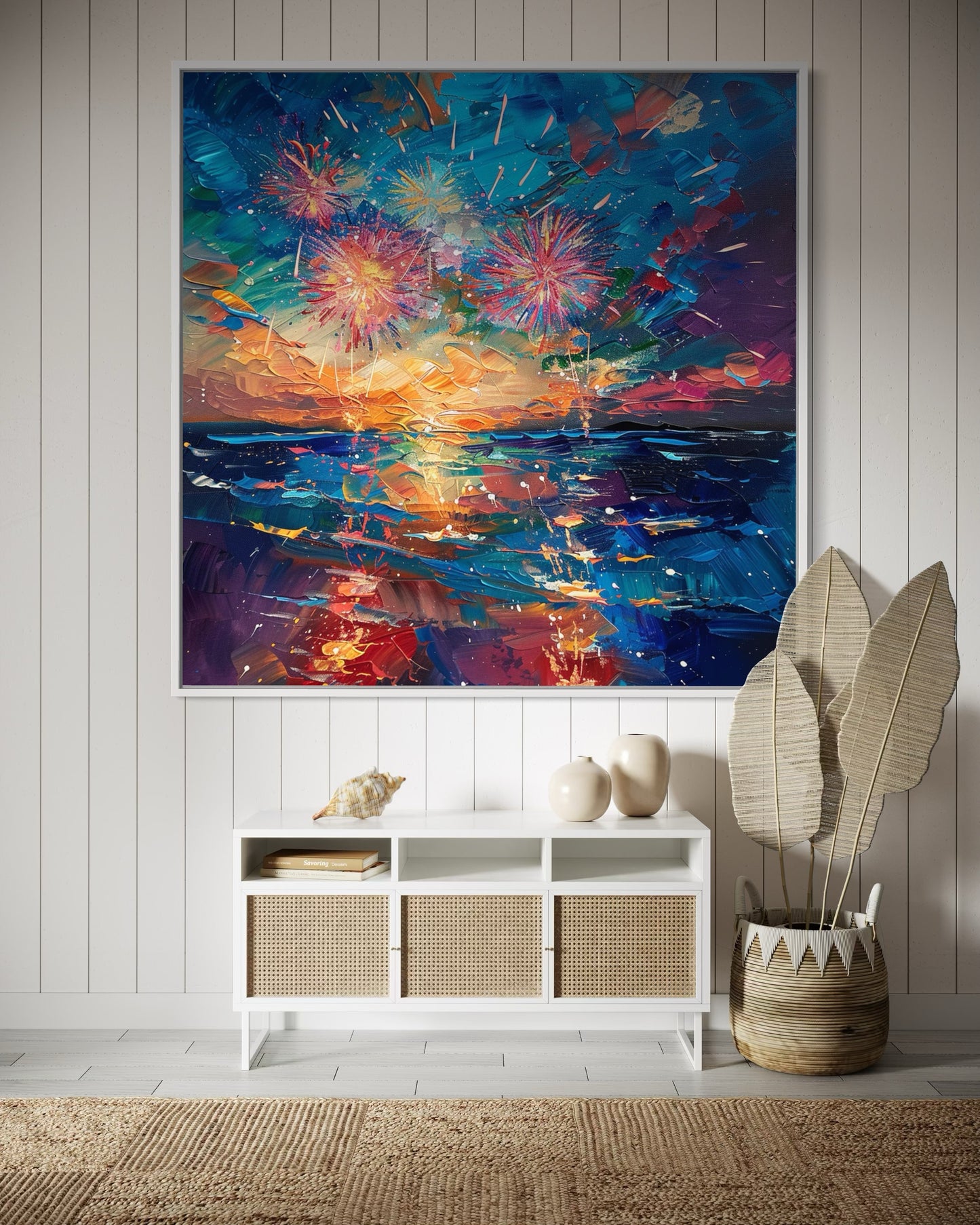 Ocean Waves and Fireworks Display - Hand-Painted Canvas