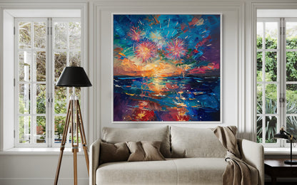 Ocean Waves and Fireworks Display - Hand-Painted Canvas