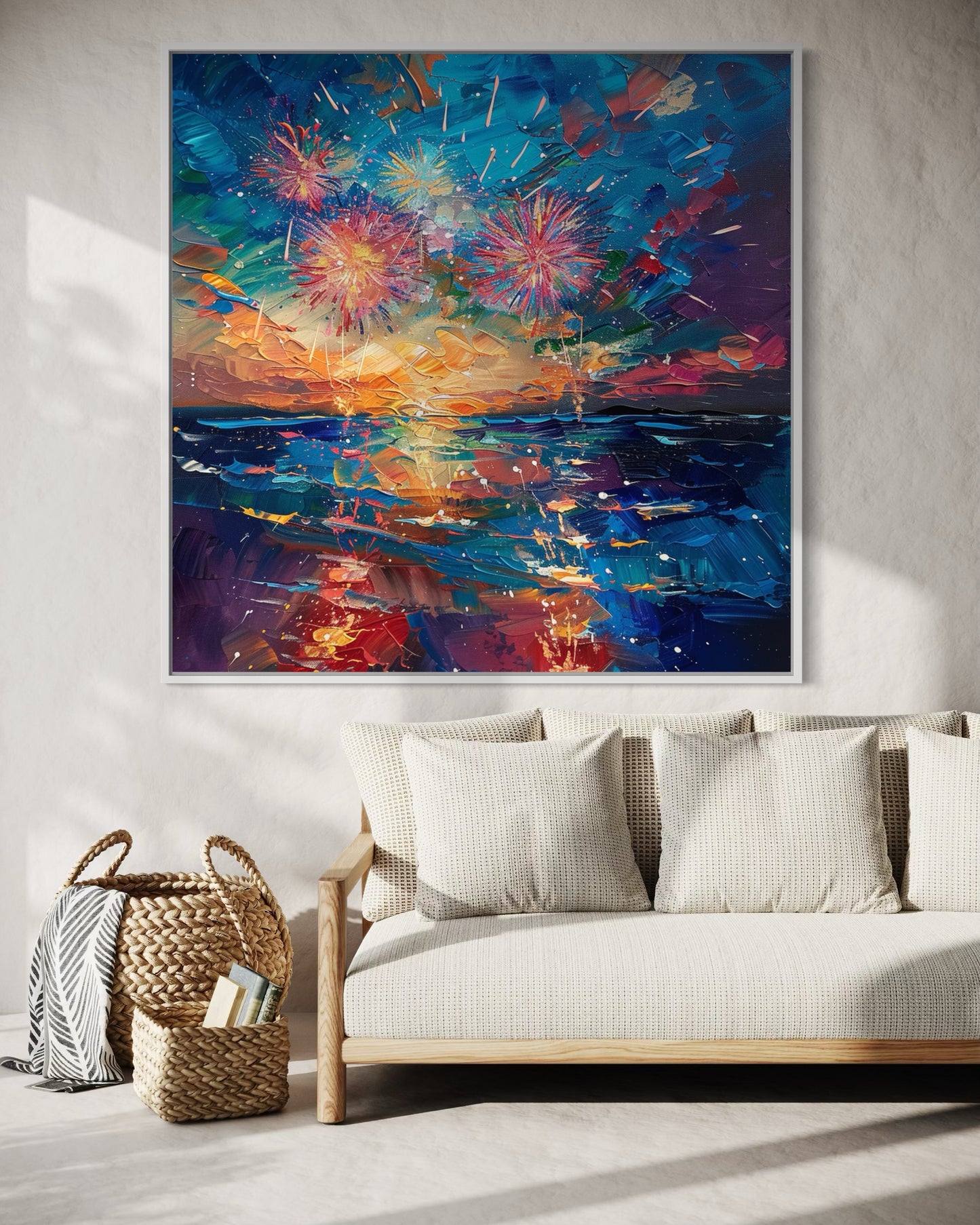 Ocean Waves and Fireworks Display - Hand-Painted Canvas