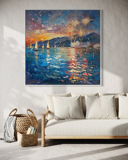 Fireworks in the Night Sky - Modern Oil Painting