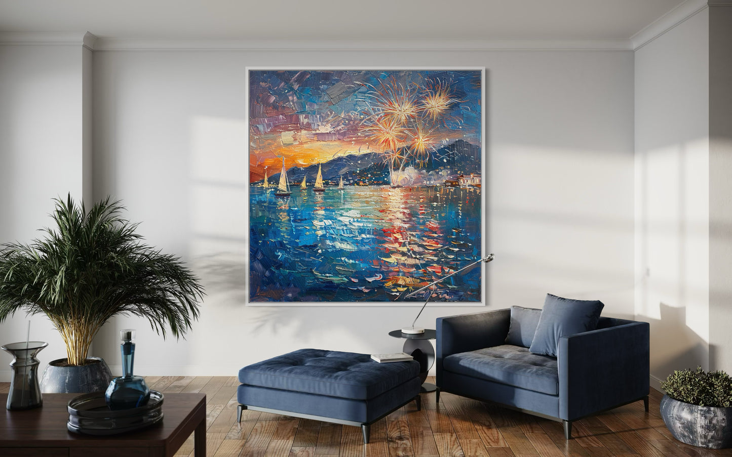 Fireworks in the Night Sky - Modern Oil Painting