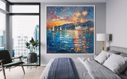 Fireworks in the Night Sky - Modern Oil Painting